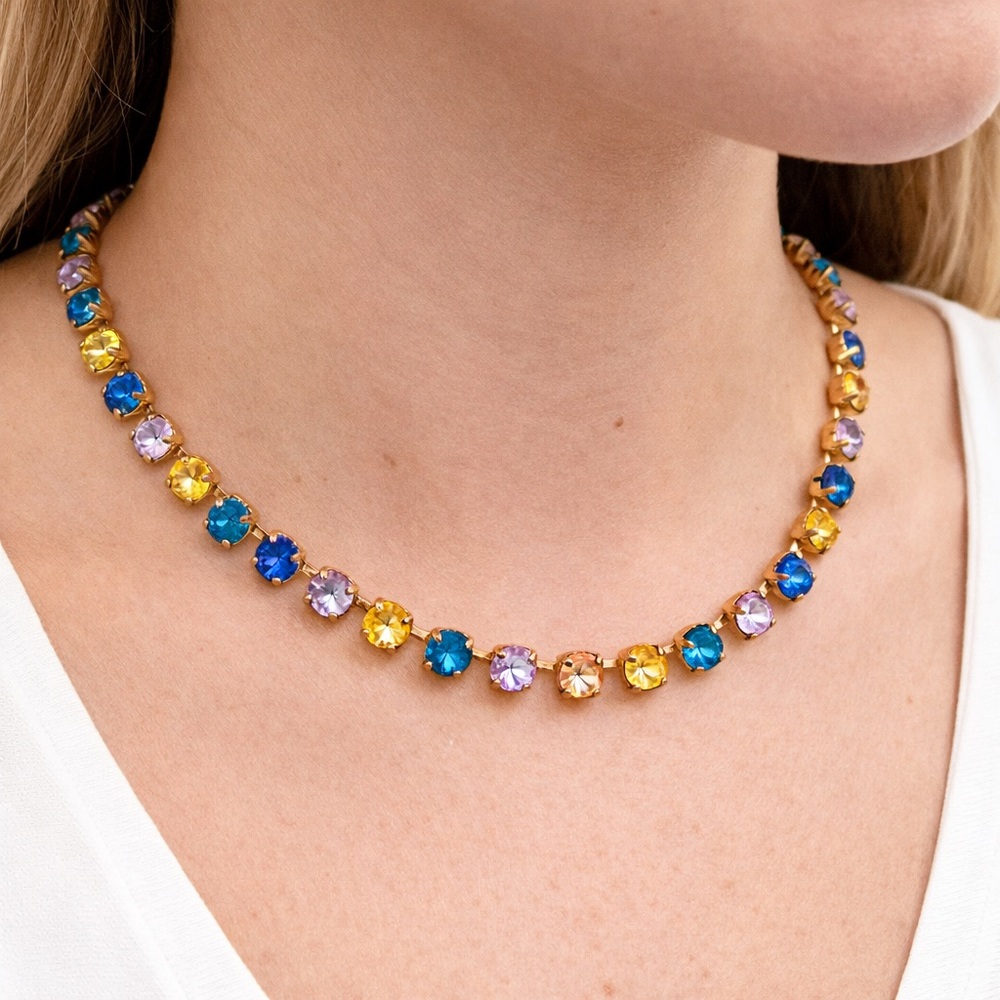 Pastel Crystal Tennis Necklace | Gold Tone Rainbow Rhinestone Statement Choker
